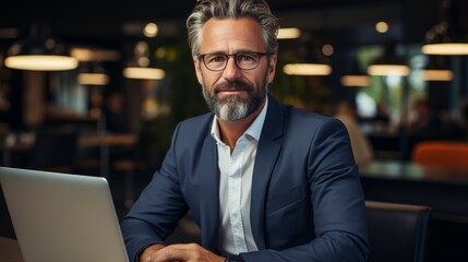 Fototapeta premium Portrait of mature businessman working on laptop in cafe, Businessman wearing suit and eyeglasses