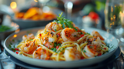 Cajun Shrimp Pasta on a Decorated Table with Spicy Seasoning
