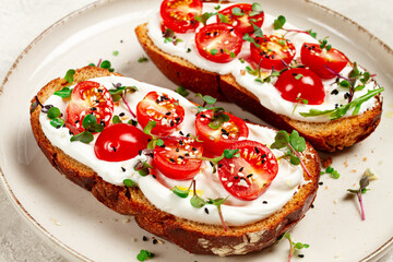 sandwiches with cream cheese and cherry tomatoes, breakfast, homemade,