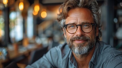 Portrait of smiling mature man in eyeglasses in coffee shop looking at the camera