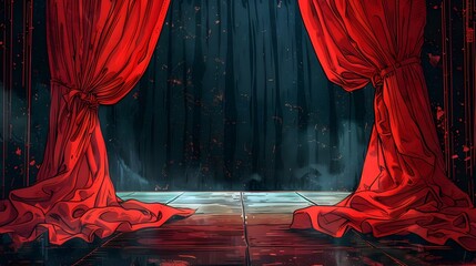 Classic Red Curtain Stage Setting with Anticipative Embrace