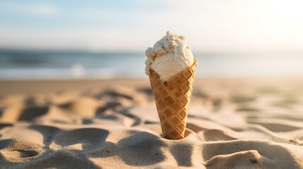Close up of a beige Ice Cream Cone at the Beach. Beautiful Summer Vacation Background