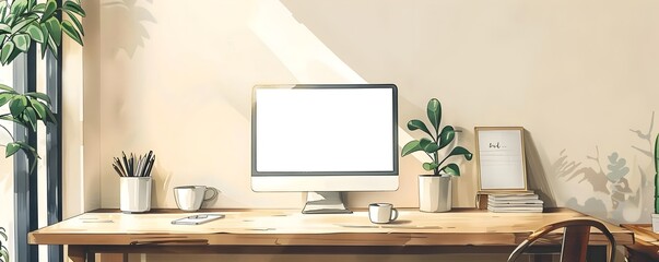 Minimalist and Serene Home Office Workspace with Laptop and Natural Decor