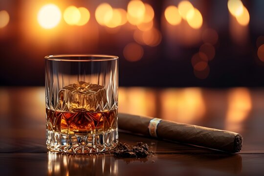 A glass with whiskey and a cigar next to it on a beautiful wooden table with a beautiful background 
