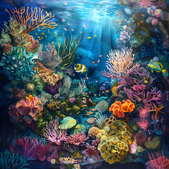 Tropical sea underwater fishes on coral reef.