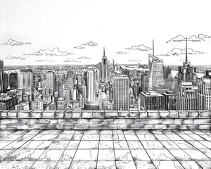 Stylized Cityscape with Rooftop Plaza and Panoramic City Skyline in Monochrome