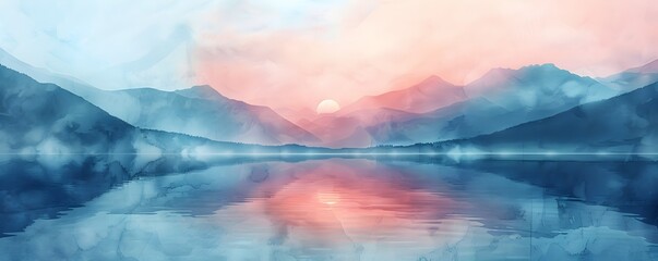 Peaceful Pastel Landscape with Tranquil Lake and Atmospheric Mountain Silhouettes - obrazy, fototapety, plakaty