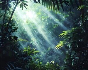 A Dazzling Mosaic of Light and Shadow in a Lush Tropical Rainforest Canopy