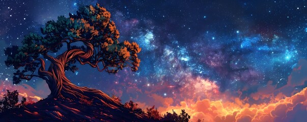 Obraz na płótnie Canvas Gnarled Pine Tree Under the Captivating Cosmic Starry Night Sky Ancient Life Touching the Boundless Milky Way Galaxy