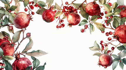 A vibrant Rosh Hashanah template showcasing vividly colored pomegranate branches in shades of ruby and green