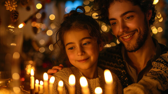A warm scene of a family lighting the menorah on a Hanukkah evening with candles casting a soft glow on smiling faces
