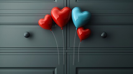 Heart-shaped balloons escape from minimalist grey cupboard