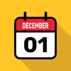 December 01 Calendar icon with long shadow. Flat style. Vector illustration.