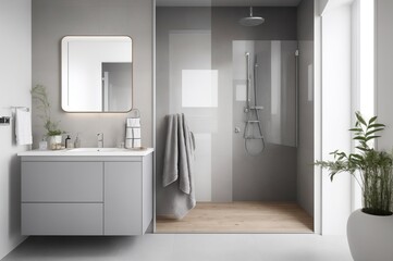 home design, bathroom interior in modern scandinavian style in natural gray tones