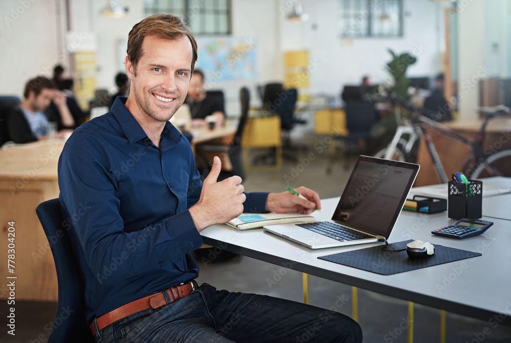 Aufkleber Office, portrait of man and thumbs up with laptop for testing programs, applications and career in workplace. Businessman, software developer and computer for coding data with smile or professional