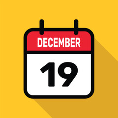 December 19 Calendar icon with long shadow. Flat style. Vector illustration.