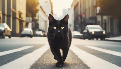  black cat crossing road - obrazy, fototapety, plakaty