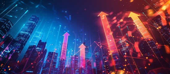 Virtual digital arrow up, financial growth, interest rate increase, inflation, high modern banner