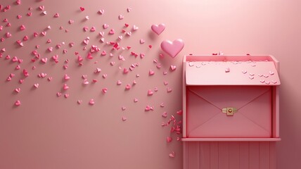 Postbox with romantic envelope, love hearts drift on warm pink tone