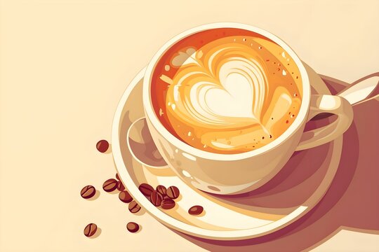 A Latte coffee cup with latte art shape and coffee beans. Flat design concept illustration