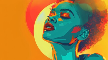 Fototapeta premium Colorful illustration of a woman's face with makeup, featuring fun cartoon design and nature-inspired patterns, including fish