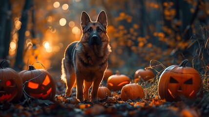 Canine dressed as imp with pumpkins on Halloween eve - obrazy, fototapety, plakaty