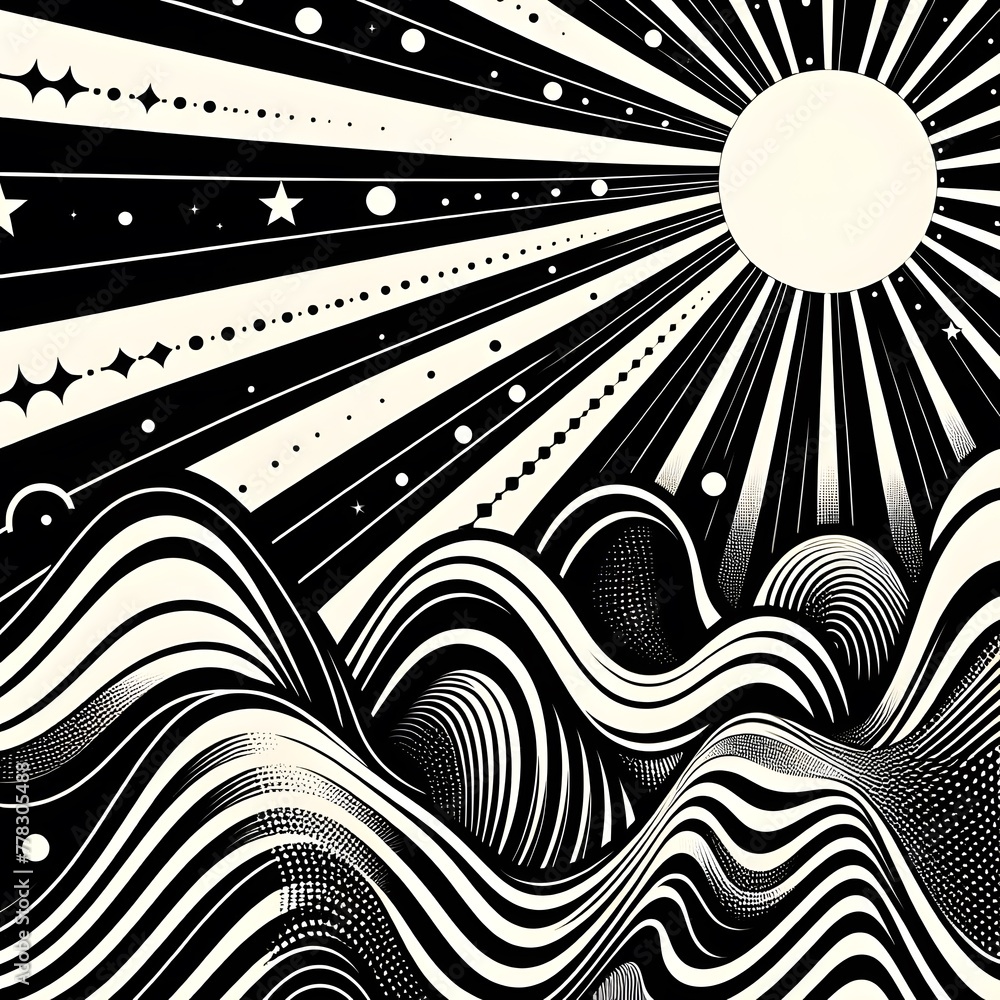 Poster abstract background with lines and moon. black and white vector illustration generated by ai