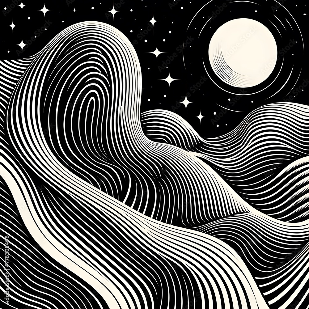 Poster abstract background with lines and moon. black and white vector illustration generated by ai