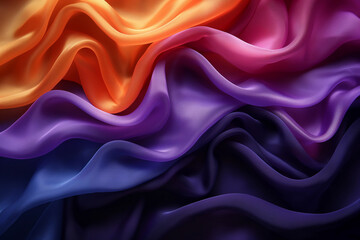 Obraz premium Abstract background of wavy silk or satin fabric, purple and orange drapery, 3d render illustration, generative ai