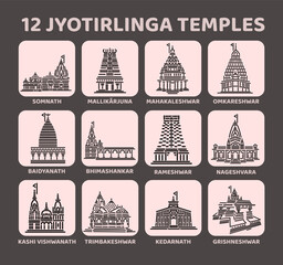12 Jyotirlinga temples vectot icon set. 12 shiva Mandir.