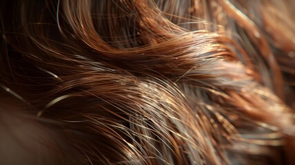 Sunlit strands of chestnut brown hair reveal subtle texture details - obrazy, fototapety, plakaty