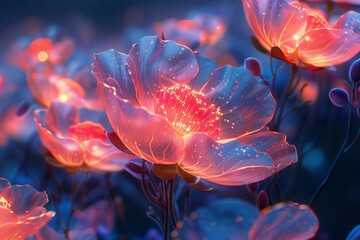 Illuminated Neon Flowers Radiating Light in a Twilight Garden Scene
