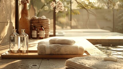 Softly lit spa retreat featuring earth tones and delicate water bottles arrangement