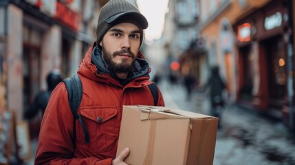 delivery man in red, holds up a box  - obrazy, fototapety, plakaty