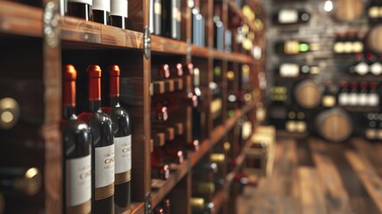Modern elite store of expensive fine wines close up. Interior of an alcohol salon for rich people. Bar, bottles of red wine on the shelves closeup.