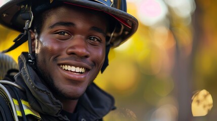 firefighter smiles the cam - obrazy, fototapety, plakaty