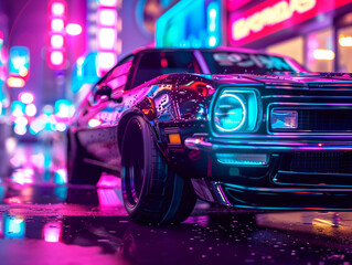 
High-performance retro cars at night and bathed in neon light.
 - obrazy, fototapety, plakaty