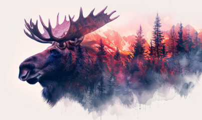 Moose portrait, double exposure northern lights forest, white isolated background