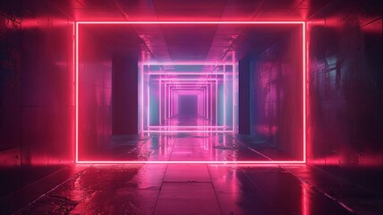 Centralized neon square creates a tunnel illusion in dark surroundings