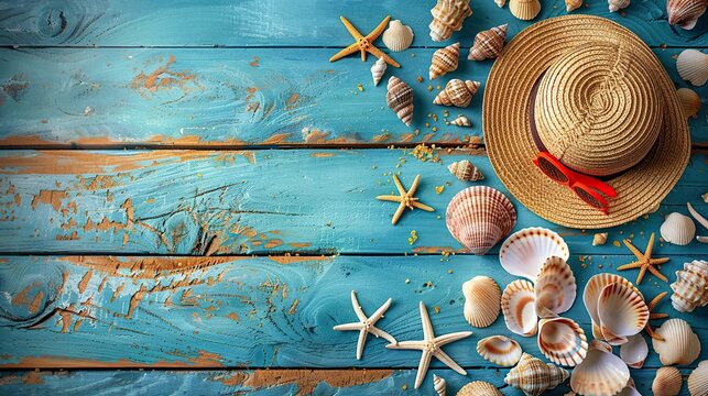 seashells on blue wooden plank with straw hat and flip-flop