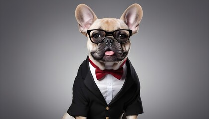 Funny, humorous French Bull Dog. Costumed, dress up. comedy, suit, hero.