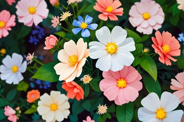 Background of colorful flowers growing in the garden with soft petals and pleasant fragrance. Generative AI