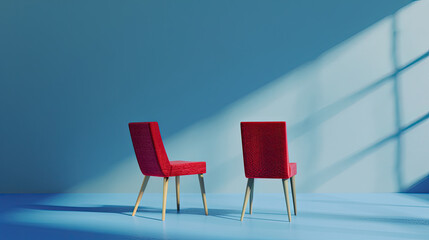 red side chairs photoshoot, blue background, blender, 3d, octane render, cinematic , studio photography 