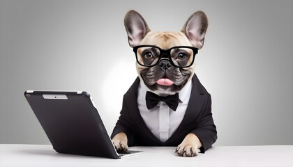 Funny, humorous French Bull Dog. Costumed, dress up. comedy, suit, hero.  