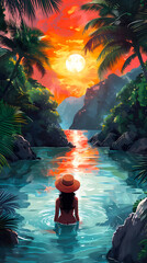 A woman wearing a straw hat standing in a river, surrounded by nature, relaxed and is enjoying the cool water, sunny day