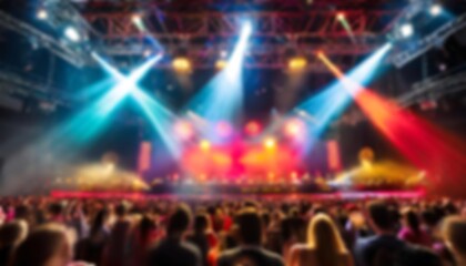 Blurred image of indoor music concert, with audience, stage and colored lights. People at a concert. Live music, leisure concept. Blurred background for social media content.