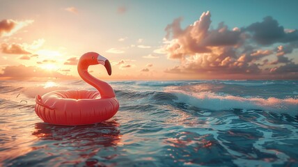 Vibrant inflatable flamingo by the seaside in summer light - obrazy, fototapety, plakaty