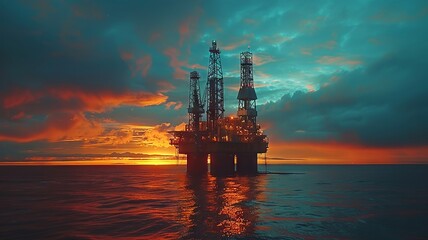 Fototapeta premium Marine drilling station stands majestic against dusk sky