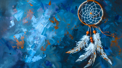 Dreamcatcher against a white blur of  blue background  - obrazy, fototapety, plakaty