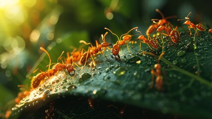 Macro shot of resilient ants forming a chain over lush leaves